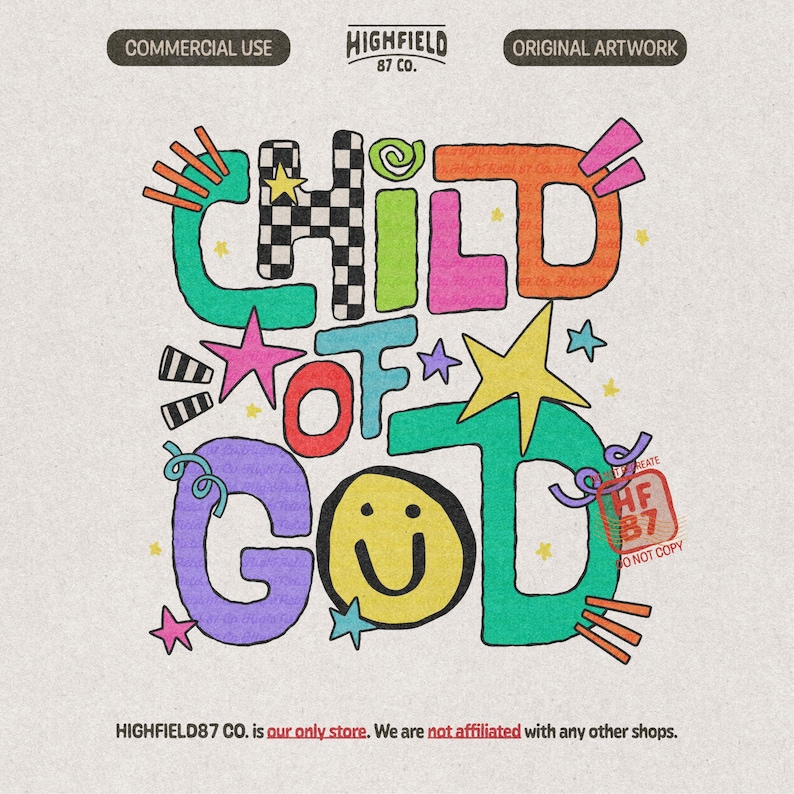 Child Of God PNG featuring colorful doodle letters with stars, smiley face, checker pattern, and playful Christian kids style.