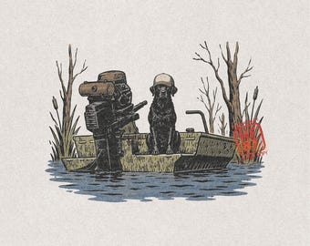 Duck Hunting Dog PNG, Black Labrador in Jon Boat, Waterfowl Hunter Shirt Design, Marsh Scene Gift Digital Download