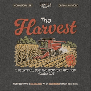 Christian farmer PNG showing a combine working through crop rows with The Harvest lettering and farm faith message.