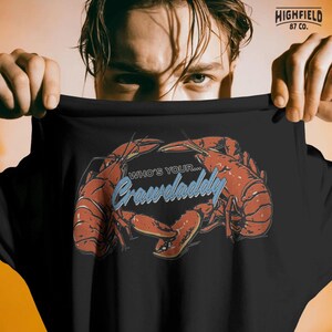 Red crawfish illustration facing each other with southern boil theme text, digital PNG file.