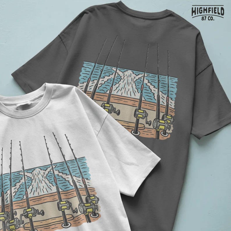 Offshore fishing PNG digital download with sportfishing boat rods and ocean water scene