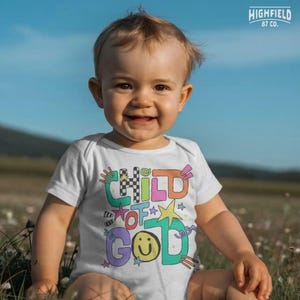 Back to school PNG featuring a colorful Child Of God phrase with playful doodle letters for Christian student shirt designs.