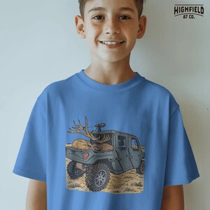 Digital hunting PNG featuring a lifted UTV and elk kill in the bed. Ideal for big game hunters and shed hunting decals or apparel. Clean artwork with detailed tires, truck body, and natural color tones.