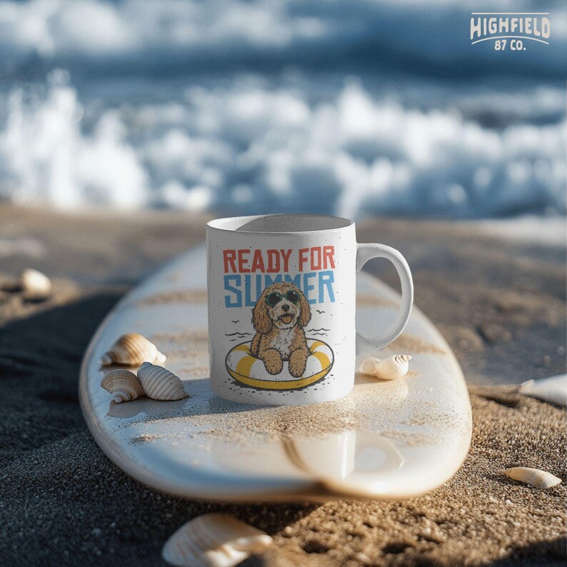Coastal dog PNG design with a smiling puppy lounging in a yellow inflatable float, wearing dark sunglasses, and paired with Ready for Summer wording.
