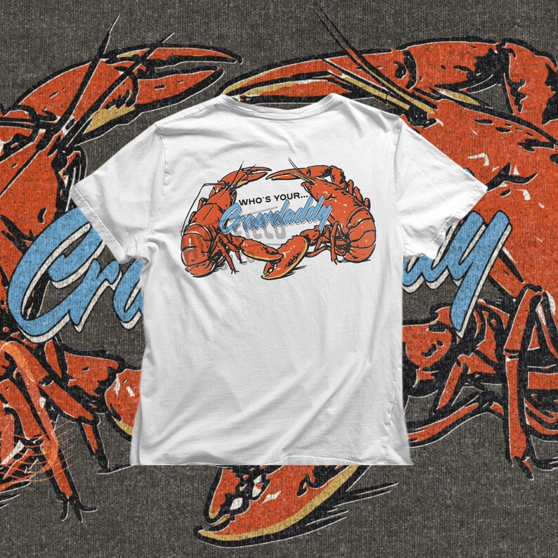 Crawfish boil shirt design with two detailed red crawfish illustration, digital PNG download.