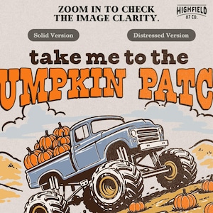 Fall kids PNG featuring a monster truck loaded with pumpkins in a pumpkin patch scene for boys fall shirt designs.