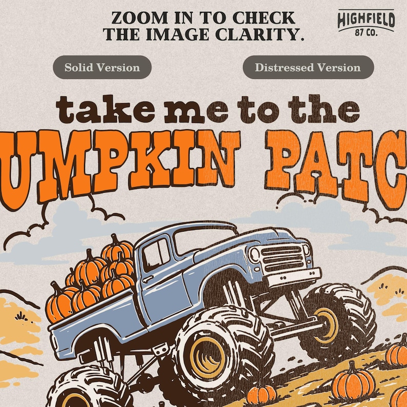 Fall kids PNG featuring a monster truck loaded with pumpkins in a pumpkin patch scene for boys fall shirt designs.