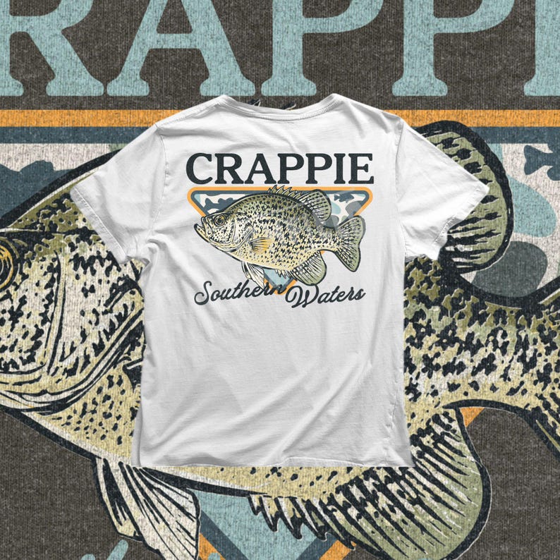 Freshwater fishing PNG showing a crappie fish with spotted body details, bold Crappie text, and southern outdoor style for digital shirt designs.