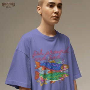 preppy fishing illustration with two bright trout and playful text, vibrant summer graphic