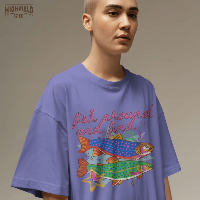 preppy fishing illustration with two bright trout and playful text, vibrant summer graphic