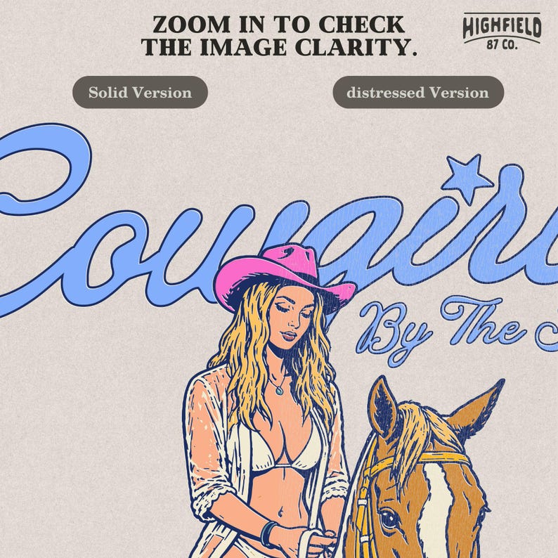 coastal cowgirl illustration with horse standing in shallow water, beach lifestyle graphic