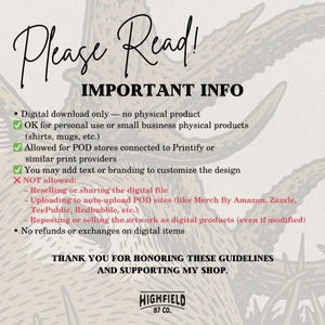 May include: A cream-colored graphic with the text "Please Read! IMPORTANT INFO" and bullet points detailing usage rights for a digital download. Includes a shop logo at the bottom. The background features a deer antler design.