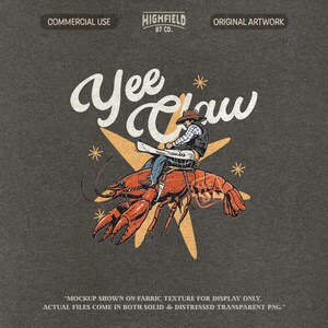 yee claw crawfish cowboy riding design with star background for funny cajun humor shirt graphics