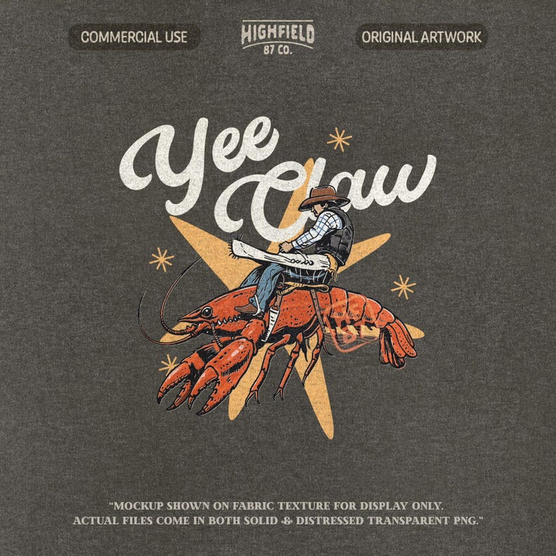 yee claw crawfish cowboy riding design with star background for funny cajun humor shirt graphics