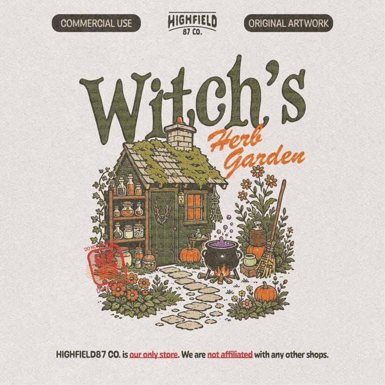 Witchs Herb Garden PNG featuring a small witch cottage with potion bottles, herbs, pumpkins, flowers, broom, cauldron, and Halloween lettering.