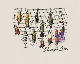 Vintage Fishing Lures PNG, Classic Tackle Illustration, Retro Bass Fishing Design, Fisherman Gift Shirt Graphic Digital Download