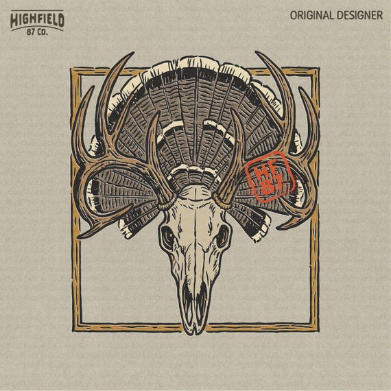 Deer Skull Turkey Fan Illustration, Vintage Hunting Trophy (PNG