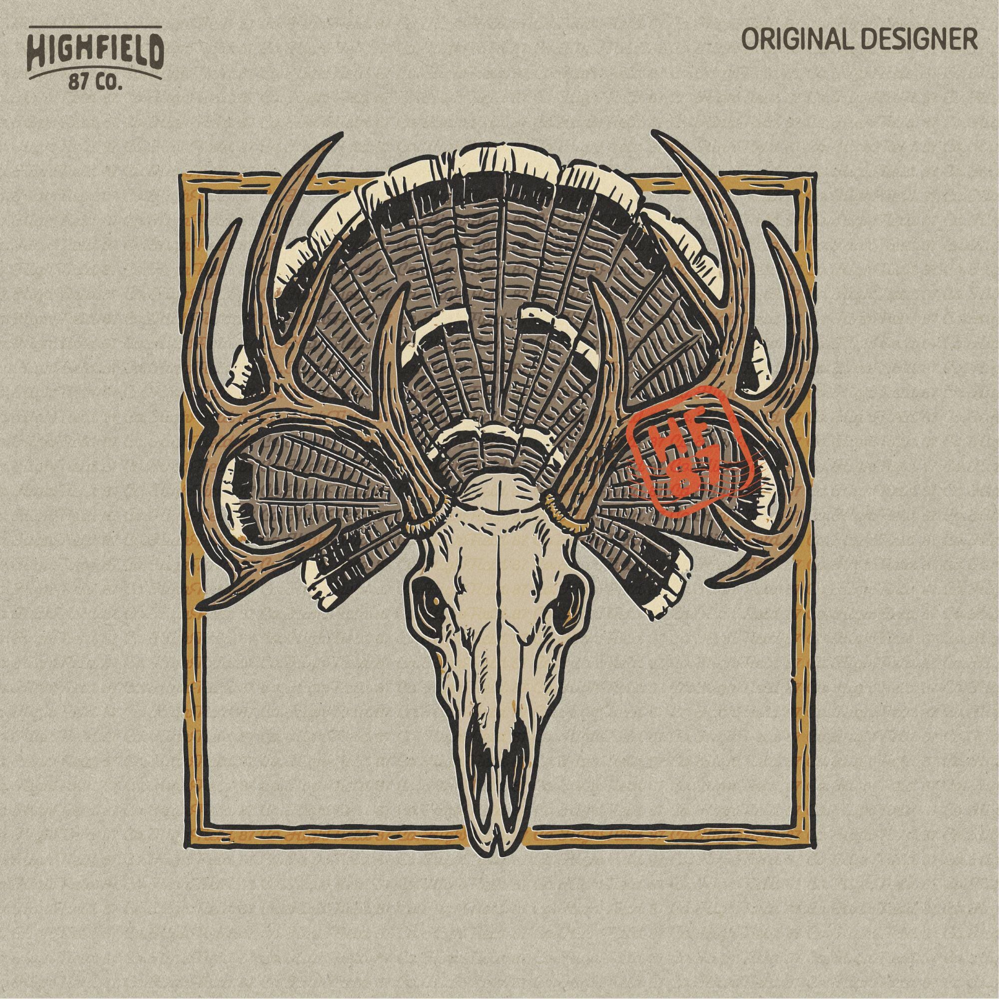 Deer Skull Turkey Fan Illustration, Vintage Hunting Trophy (PNG