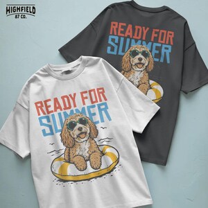 Pool dog PNG featuring a happy doodle-style puppy wearing sunglasses and lounging in a yellow float, perfect for beach and vacation shirt graphics.