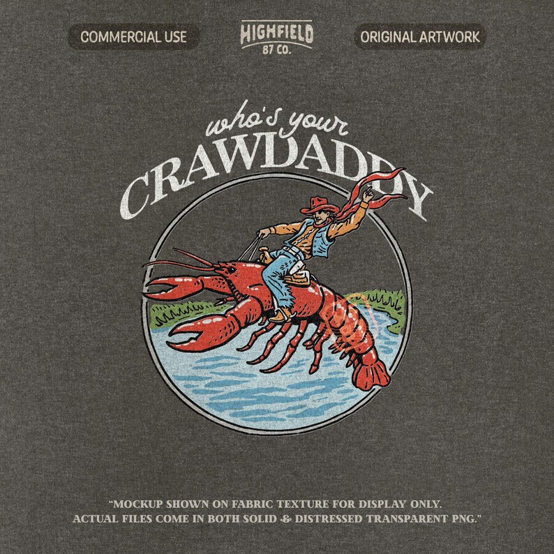 crawfish cowboy riding design with who’s your crawdaddy text in vintage style for cajun humor shirt graphics