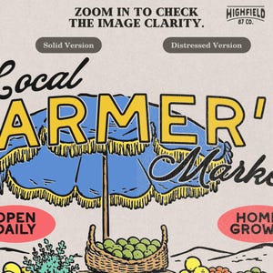 Farm stand PNG featuring a market table with fruit baskets, hanging bag, potted plant, blue umbrella, and Local Farmer’s Market lettering.
