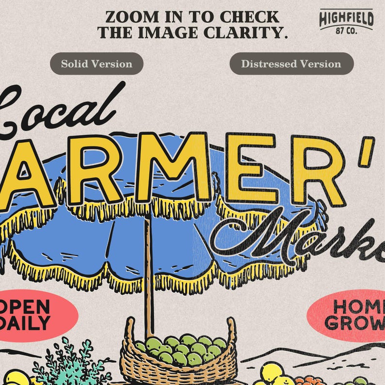 Farm stand PNG featuring a market table with fruit baskets, hanging bag, potted plant, blue umbrella, and Local Farmer’s Market lettering.