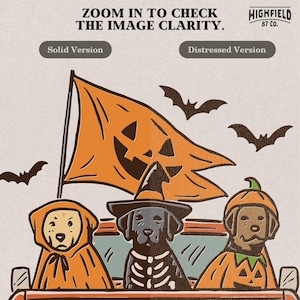 Lab dogs Halloween PNG with a black dog in a skeleton style costume, a yellow dog in an orange hood, and another dog in a pumpkin outfit.