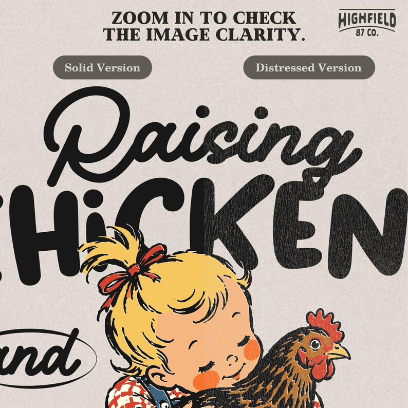 Farm kids PNG featuring a young child hugging a hen with Raising Chickens and Feral Children lettering.