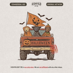 Halloween dog PNG featuring three Labrador style dogs riding in the back of a vintage pickup truck with a pumpkin flag and bats overhead.