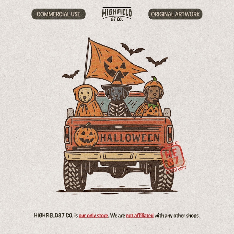 Halloween dog PNG featuring three Labrador style dogs riding in the back of a vintage pickup truck with a pumpkin flag and bats overhead.