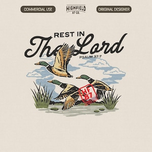 Caza de patos cristiana PNG Descansa en el Señor Salmo 37:7 Diseño de camiseta de descarga digital de ánade real