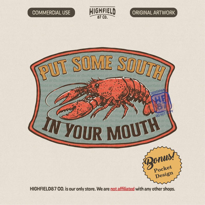 crawfish shirt design with pocket front and large back print, Cajun slogan put some south in your mouth PNG