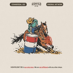 May include: Illustration of a rodeo scene with a rider on a brown horse rounding a barrel. The barrel is painted with red, white, and blue stripes. The image has the text "HIGHFIELD 87 CO." and "COMMERCIAL USE" and "ORIGINAL ARTWORK".