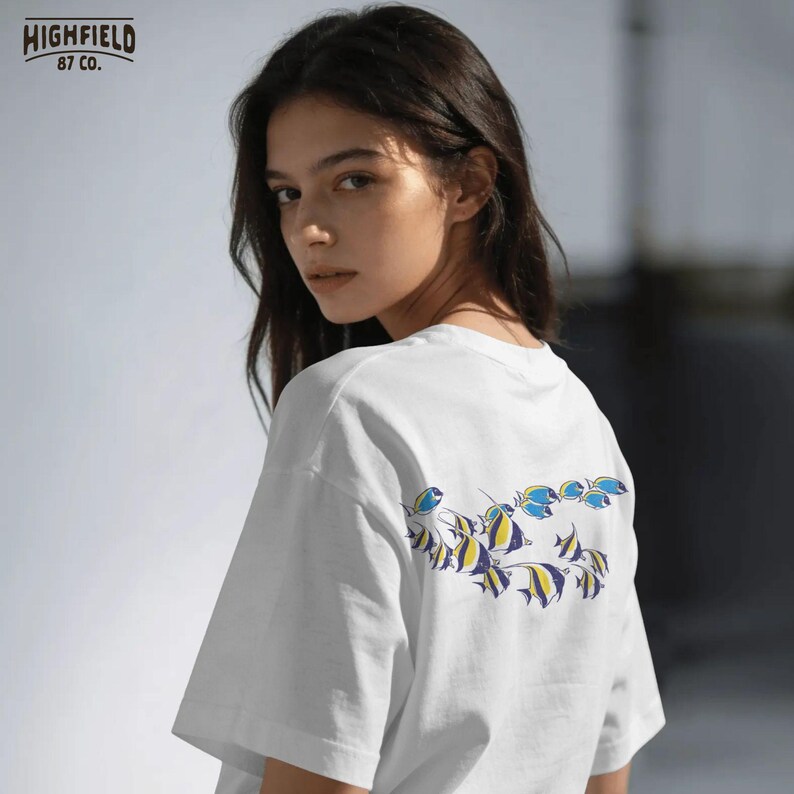 sea life png with reef fish and coastal theme, simple and bold summer illustration for apparel