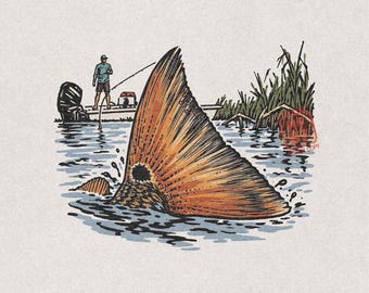 Redfish Fishing PNG: Tailing-Redfish Marsh Scene, Vintage-Inshore Angler Sublimation Artwork for Fishermen, Digital Download