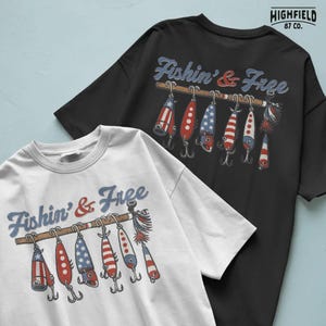 detailed fishing lure artwork featuring multiple lures with american flag colors hanging on rod with fishin and free phrase, classic fishing gear illustration for anglers, perfect png design for fishing shirts, patriotic apparel, 4th of july outfit, outdoor lifestyle design for sublimation printing and digital merchandise