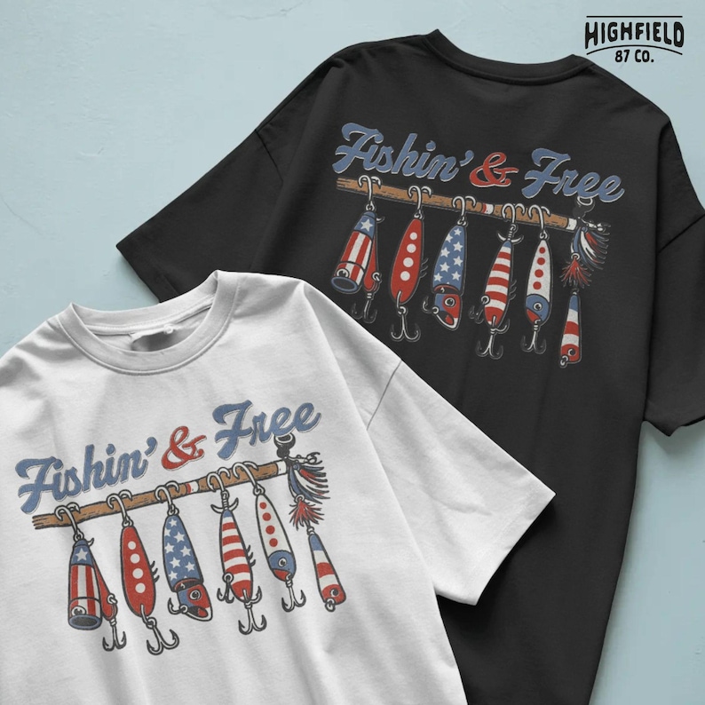 detailed fishing lure artwork featuring multiple lures with american flag colors hanging on rod with fishin and free phrase, classic fishing gear illustration for anglers, perfect png design for fishing shirts, patriotic apparel, 4th of july outfit, outdoor lifestyle design for sublimation printing and digital merchandise