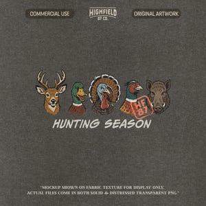 Deer hunting PNG with a whitetail buck, duck, turkey, pheasant, and boar animal lineup for fall hunting season shirt designs.