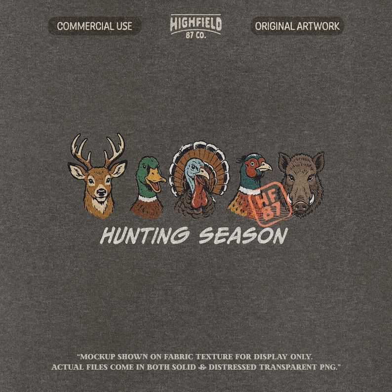 Deer hunting PNG with a whitetail buck, duck, turkey, pheasant, and boar animal lineup for fall hunting season shirt designs.