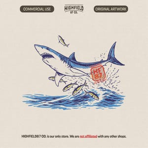 shark fishing png with large shark jumping out of ocean chasing bait fish, dynamic coastal sea life summer design