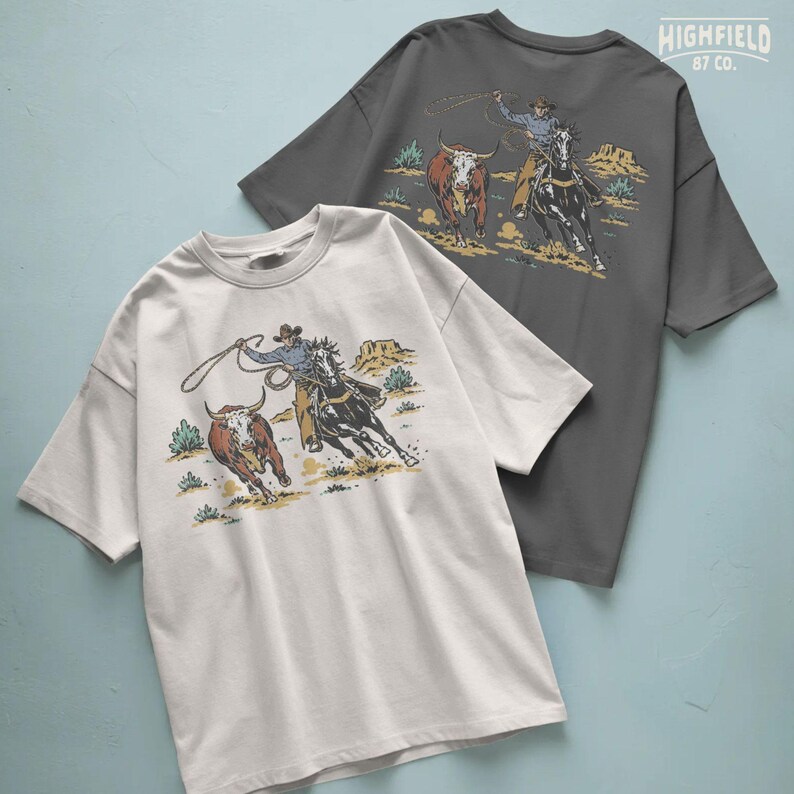 Western cowboy PNG featuring a rodeo horseman swinging a rope while riding through a dusty desert scene with cattle.