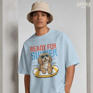 Cute dog summer PNG with a fluffy puppy in a swim ring, black sunglasses, and playful Ready for Summer text for sunny season digital projects.