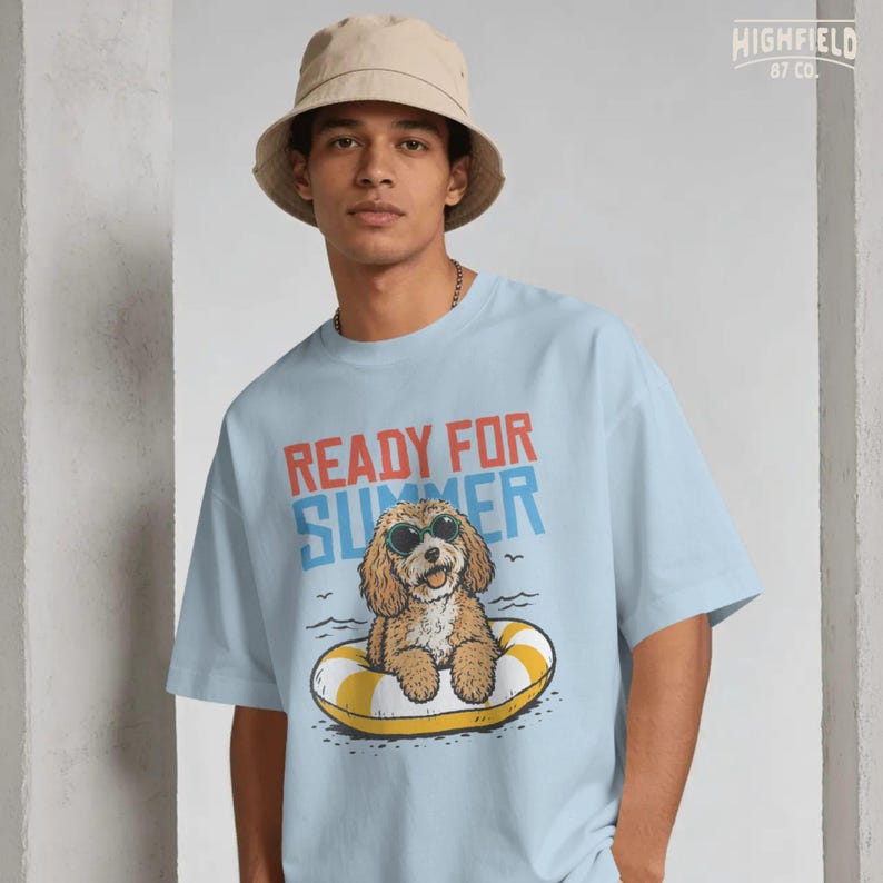 Cute dog summer PNG with a fluffy puppy in a swim ring, black sunglasses, and playful Ready for Summer text for sunny season digital projects.