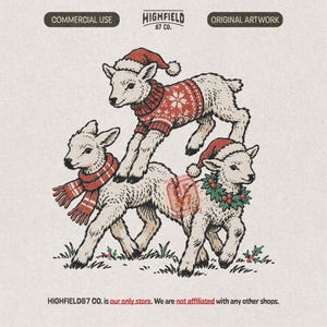 Könnte beinhalten: Eine digitale Illustration von drei Lämmern mit cremefarbener Wolle. Ein Lamm trägt einen rot-weißen Pullover mit Muster und eine Weihnachtsmütze. Ein weiteres trägt einen rot gestreiften Schal. Das dritte trägt einen Stechpalmenkranz. Text: HIGHFIELD 87 CO.