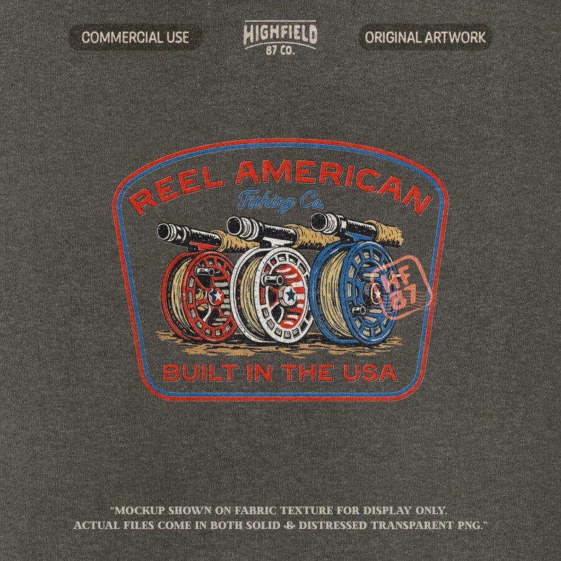 Fly fishing reel graphic showing three reels in patriotic red white and blue colors with American flag theme.