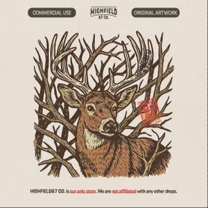 Deer hunting png illustration featuring a whitetail buck with large antlers standing among bare tree branches