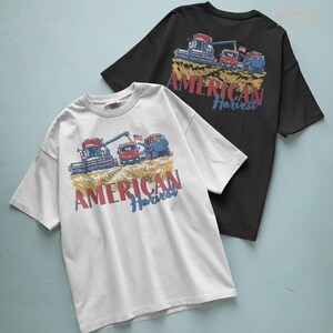 Agriculture PNG featuring red harvest equipment working in a field with USA flag details, made for farmer gifts and country farm shirt graphics.