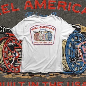 Fishing PNG artwork showing fly fishing reels in American flag style colors.