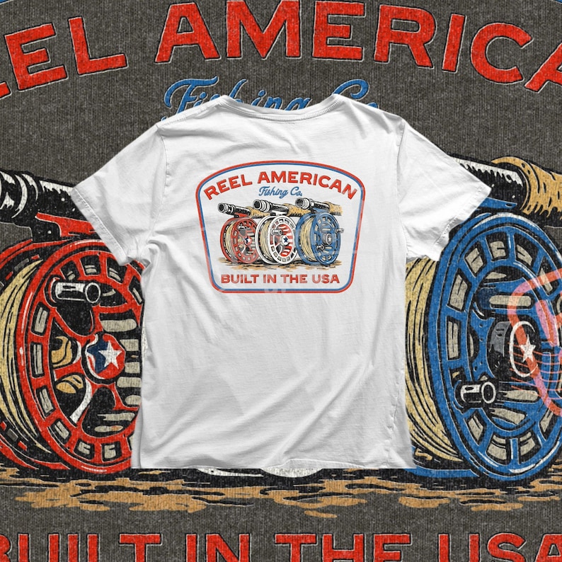 Fishing PNG artwork showing fly fishing reels in American flag style colors.