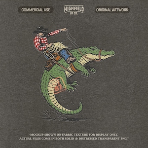 Funny alligator PNG with cowboy riding gator like rodeo scene in vintage hand drawn western style